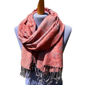 Pink & Silver Wrap Shawl Long Scarf with Fringe Ends Paisley Pattern 28x68"